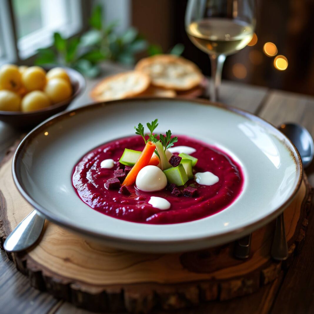 Gelierte rote Rübensuppe mit Blini Rezept Gelierte rote Rübensuppe mit Blini Rezept