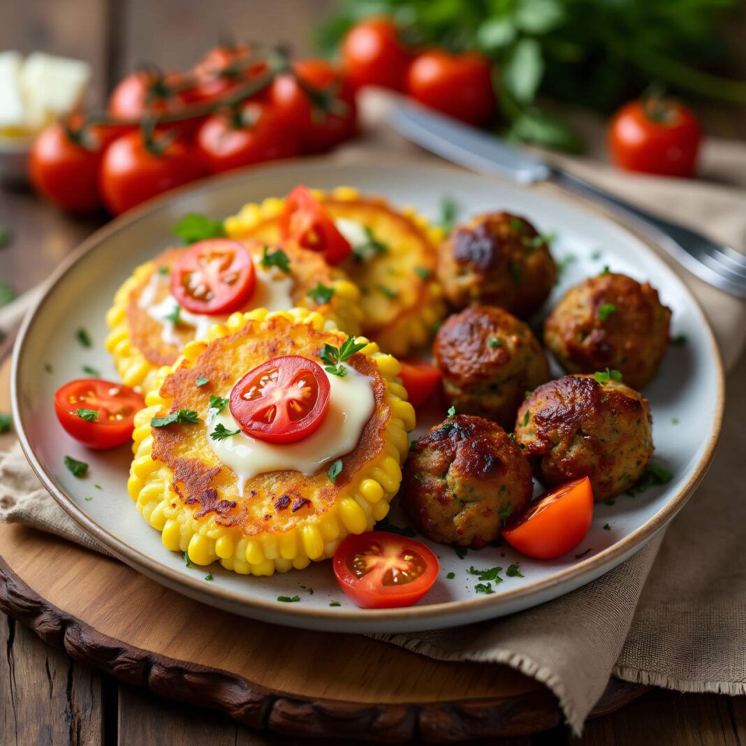 Gemüse-Hackbällchen auf Mais-Tätschli Rezept Gemüse-Hackbällchen auf Mais-Tätschli Rezept