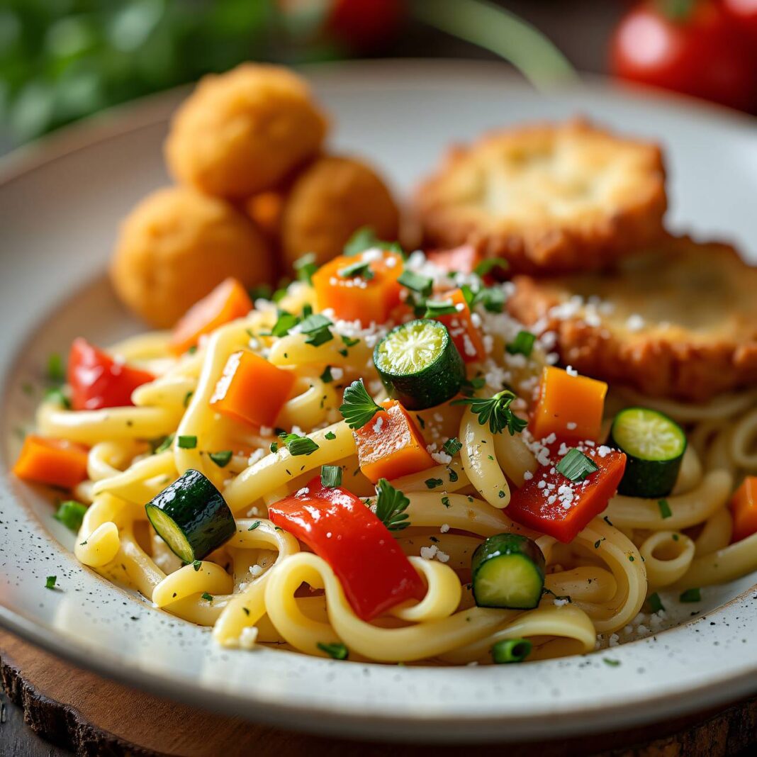 Gemüse-Hörnchen-Nudeln mit Knusperli Rezept Gemüse-Hörnchen-Nudeln mit Knusperli Rezept