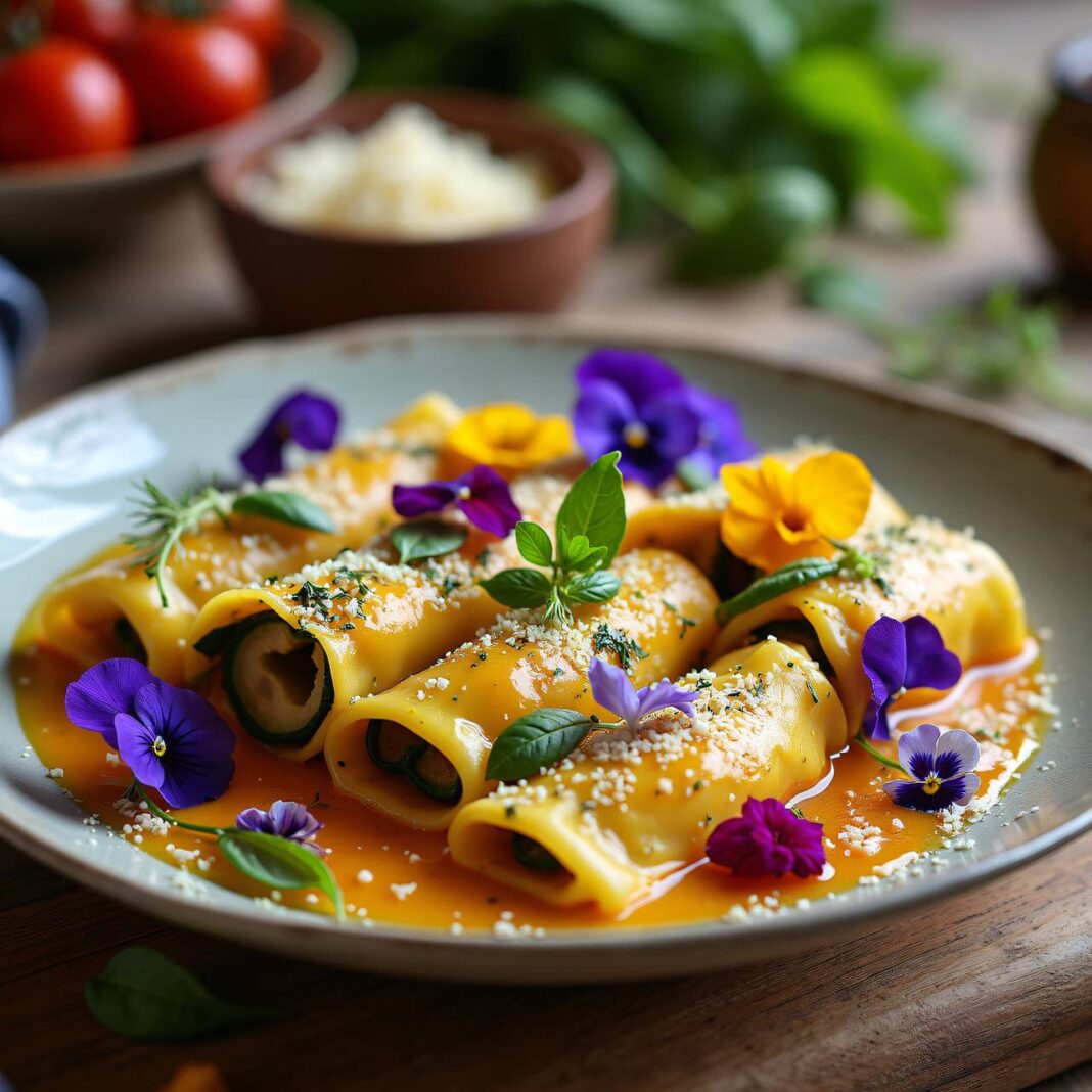 Gemüse-Kräuter-Cannelloni mit Blüten Rezept Gemüse-Kräuter-Cannelloni mit Blüten Rezept