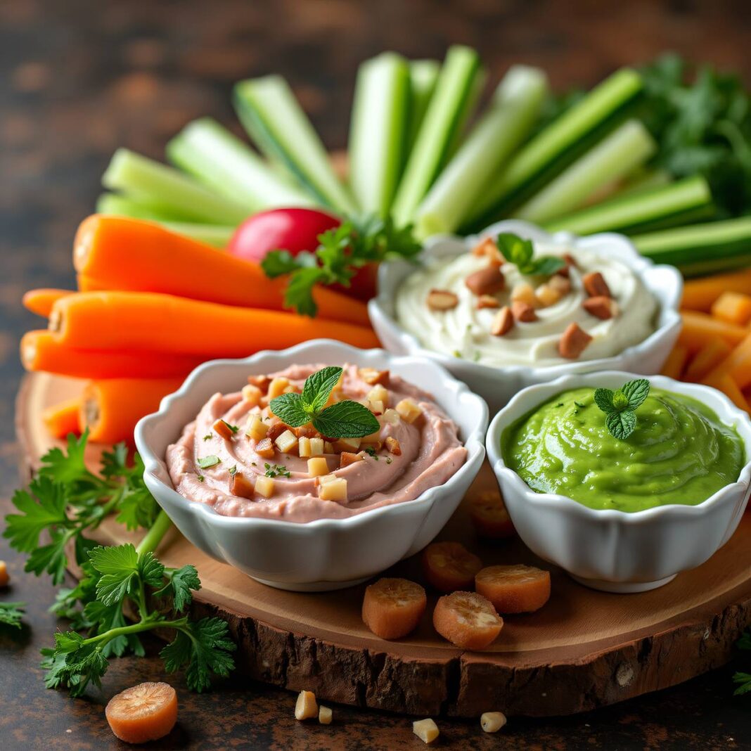 Gemüse-Mikado mit dreierlei Dips Rezept Gemüse-Mikado mit dreierlei Dips Rezept