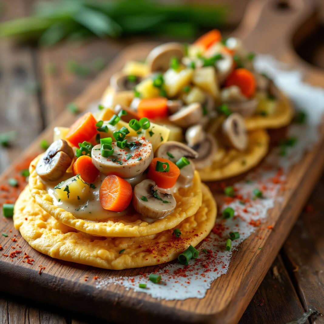 Gemüse-Stroganoff mit Schnittlauch-Blini Rezept Gemüse-Stroganoff mit Schnittlauch-Blini Rezept