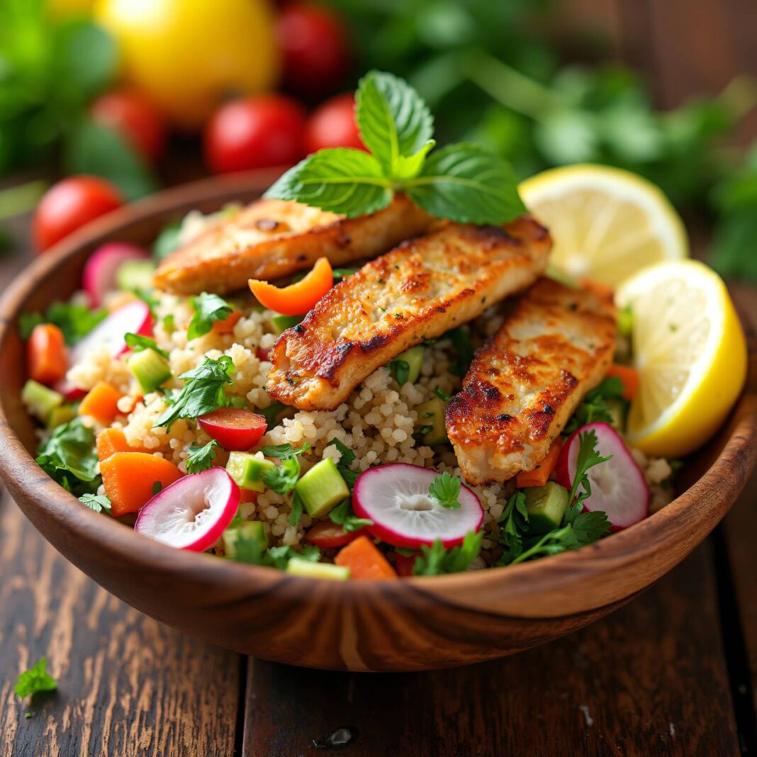 Gemüse-Taboulé mit gebratenen Hühnerstreifen Rezept Gemüse-Taboulé mit gebratenen Hühnerstreifen Rezept