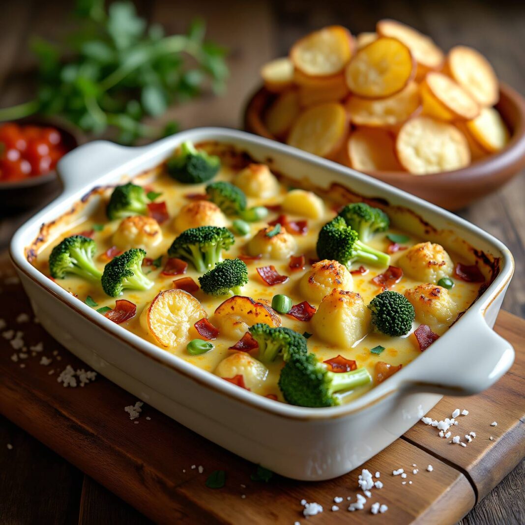 Gemüsegratin mit Speck-Kartoffel-Chips Rezept Gemüsegratin mit Speck-Kartoffel-Chips Rezept