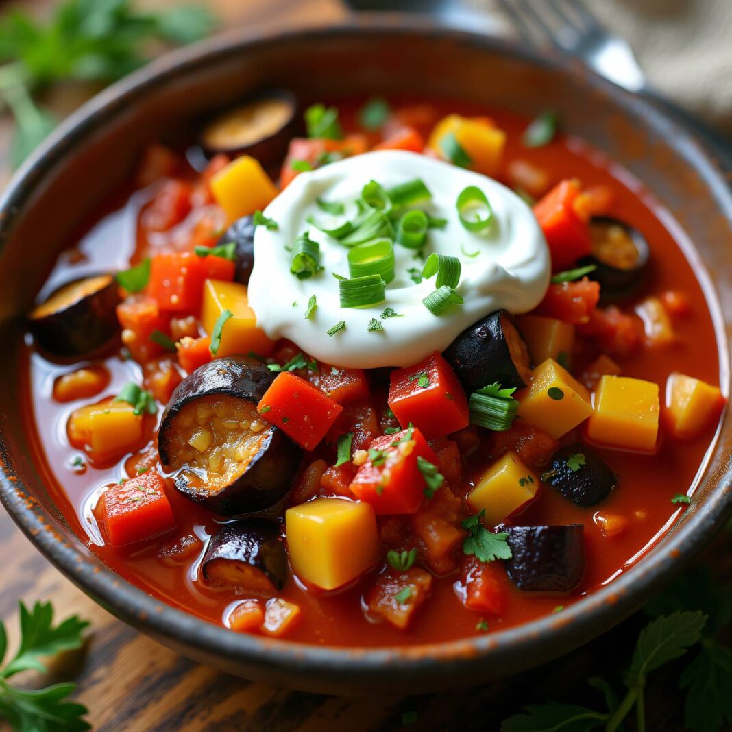 Gemüsegulasch mit Auberginen und Paprika Rezept Gemüsegulasch mit Auberginen und Paprika Rezept