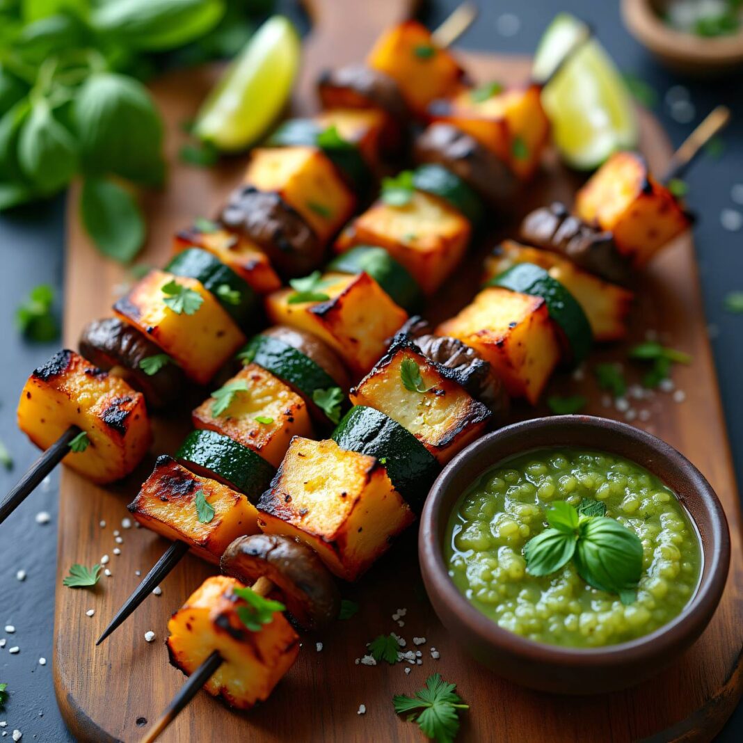 Gemüsespieße vom Grill mit Salsa verde Rezept Gemüsespieße vom Grill mit Salsa verde Rezept