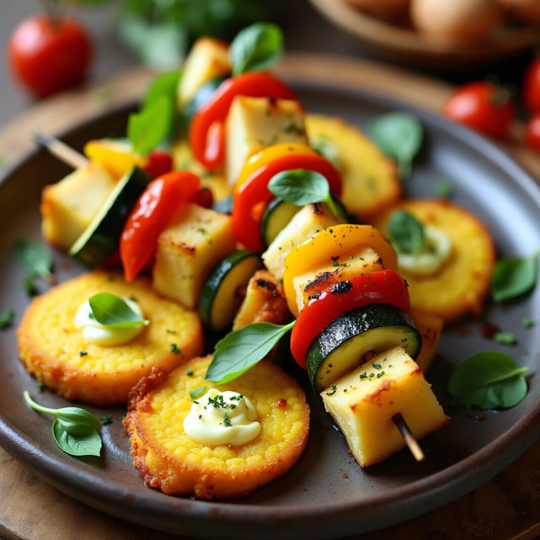 Gemüsespiesschen auf gebratenen Maisschnitten Rezept Gemüsespiesschen auf gebratenen Maisschnitten Rezept