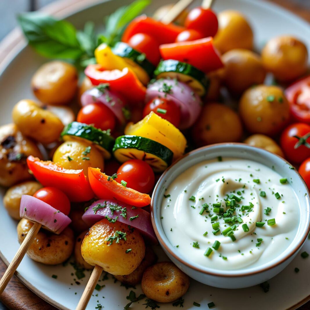 Gemüsespiessli mit Zwiebel-Joghurt-Sauce Rezept Gemüsespiessli mit Zwiebel-Joghurt-Sauce Rezept