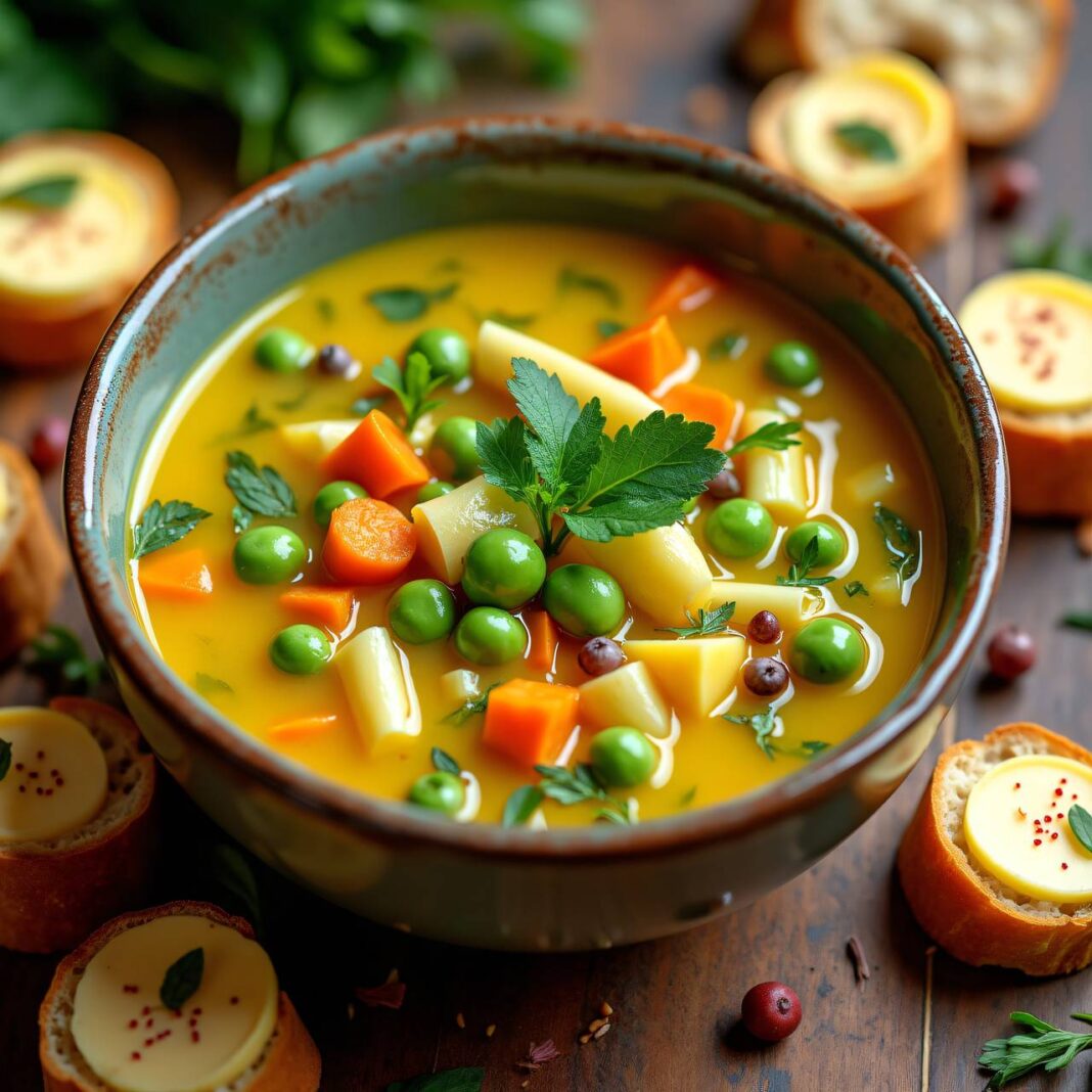 Gemüsesuppe mit gelben Erbsen und Mini-Käsebrötchen Rezept Gemüsesuppe mit gelben Erbsen und Mini-Käsebrötchen Rezept