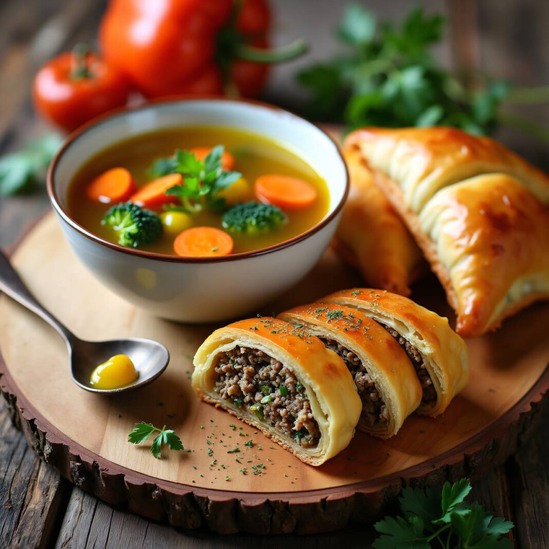 Gemüsesuppe mit Hackfleischstrudel Rezept Gemüsesuppe mit Hackfleischstrudel Rezept