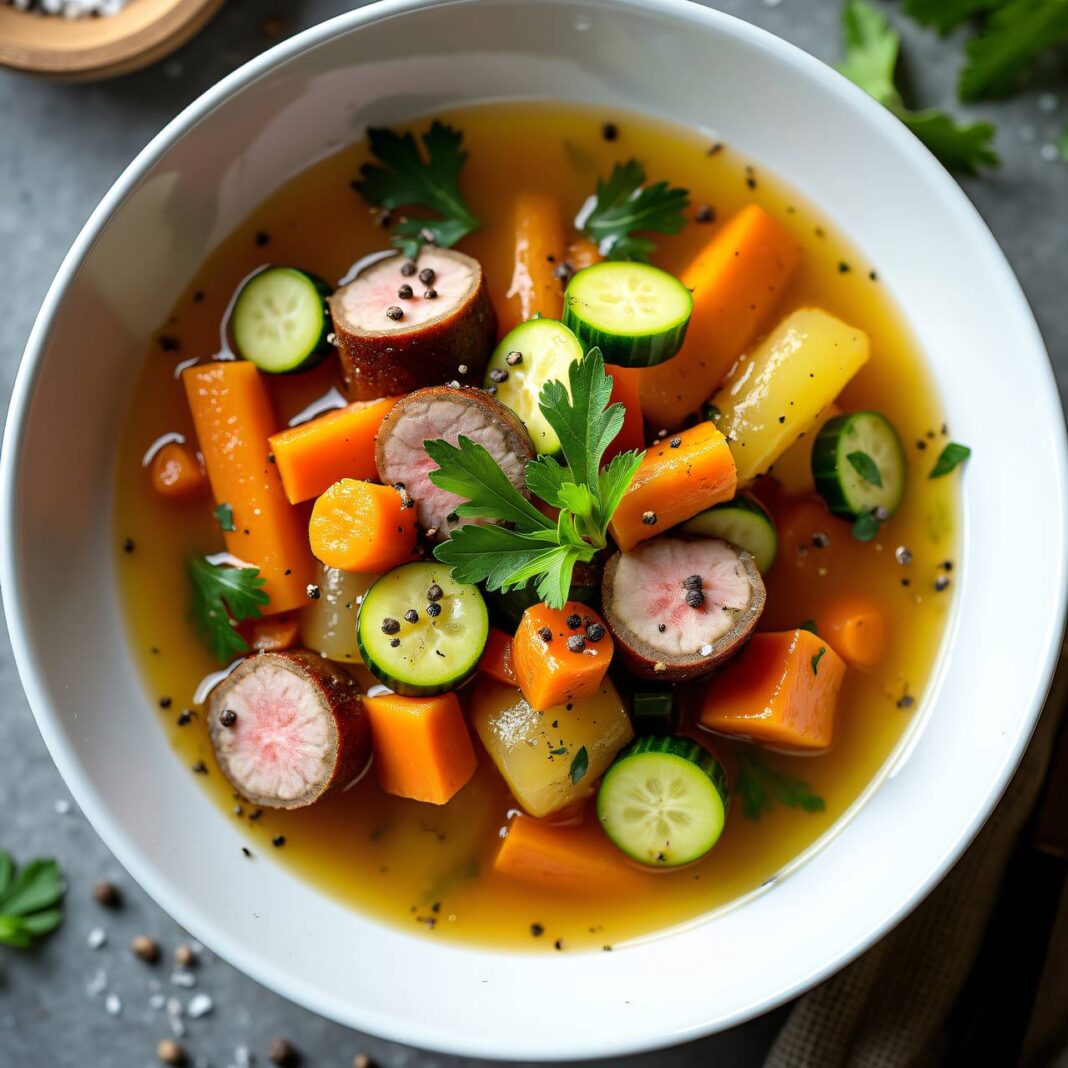 Gemüsesuppe mit Kräutern und pochiertem Fleisch Rezept Gemüsesuppe mit Kräutern und pochiertem Fleisch Rezept