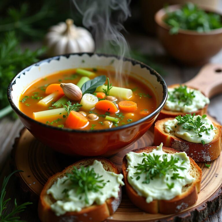 Gemüsesuppe mit Kräuterquark-Broten Rezept