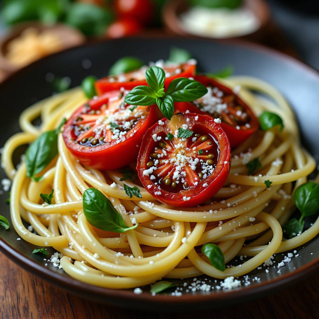 Geschmolzene Balsamico-Tomaten auf Stroh und Heu Rezept Geschmolzene Balsamico-Tomaten auf Stroh und Heu Rezept