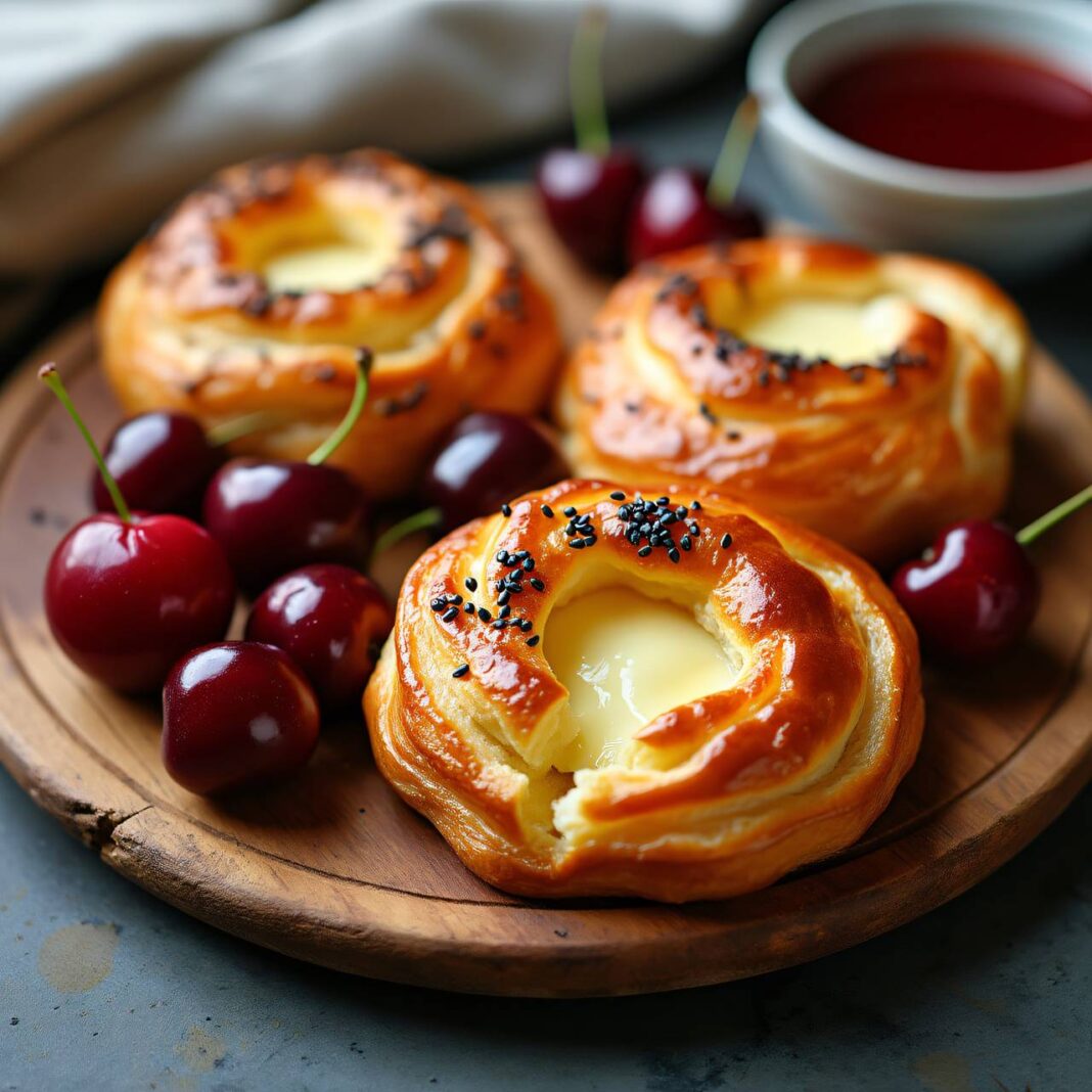 Geschmolzener Käse auf Blätterteig mit Kirschen Rezept Geschmolzener Käse auf Blätterteig mit Kirschen Rezept