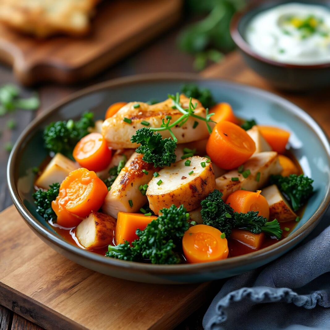 Geschmortes Wintergemüse mit Huhn und Dip (Low Carb) Rezept Geschmortes Wintergemüse mit Huhn und Dip (Low Carb) Rezept