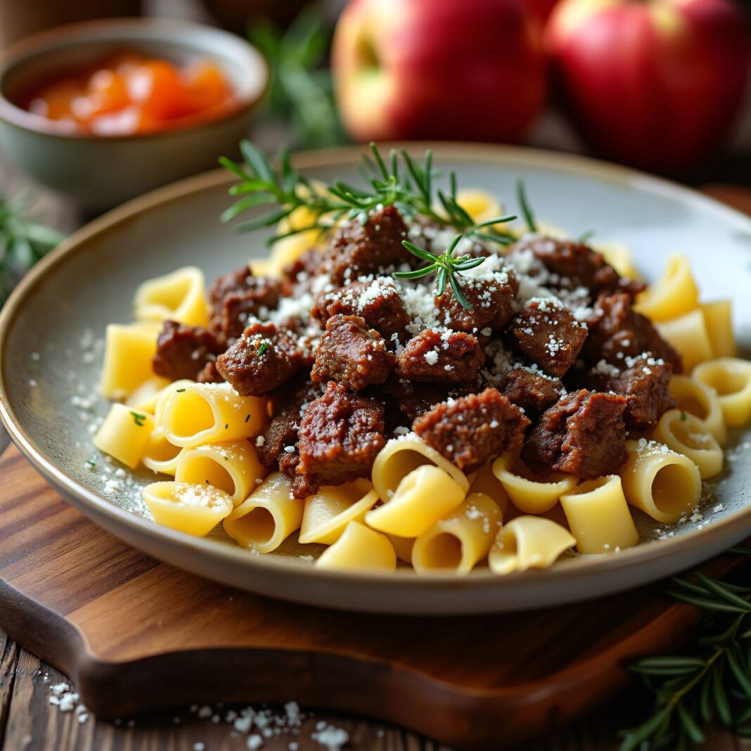 Ghackets mit Hörnchen-Nudeln und Apfelmus Rezept Ghackets mit Hörnchen-Nudeln und Apfelmus Rezept