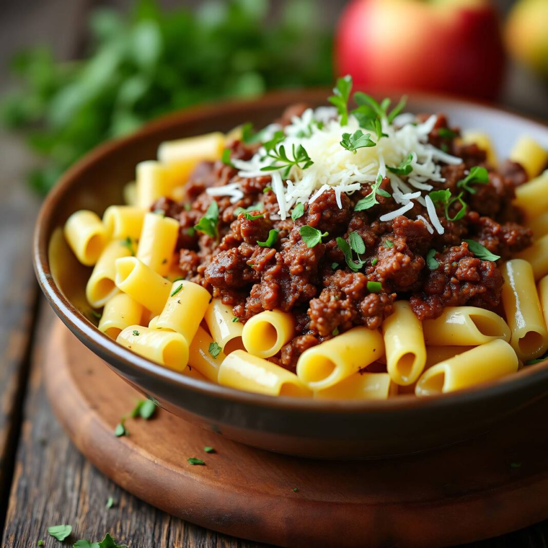 Ghackets mit Hörnchen-Nudeln und geriebenem Apfel Rezept Ghackets mit Hörnchen-Nudeln und geriebenem Apfel Rezept