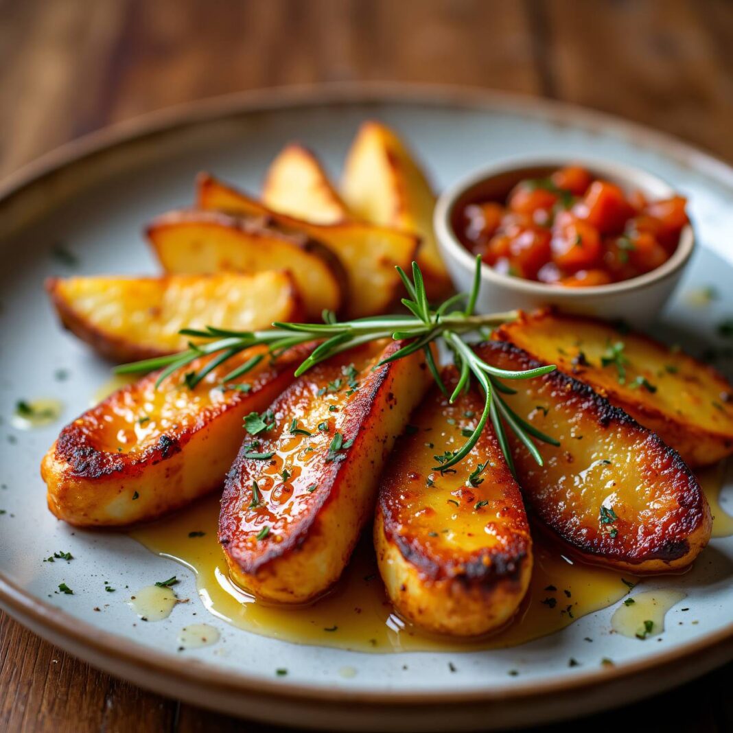 Glasierte Hähnchenstücke mit Kartoffelschnitzen Rezept Glasierte Hähnchenstücke mit Kartoffelschnitzen Rezept
