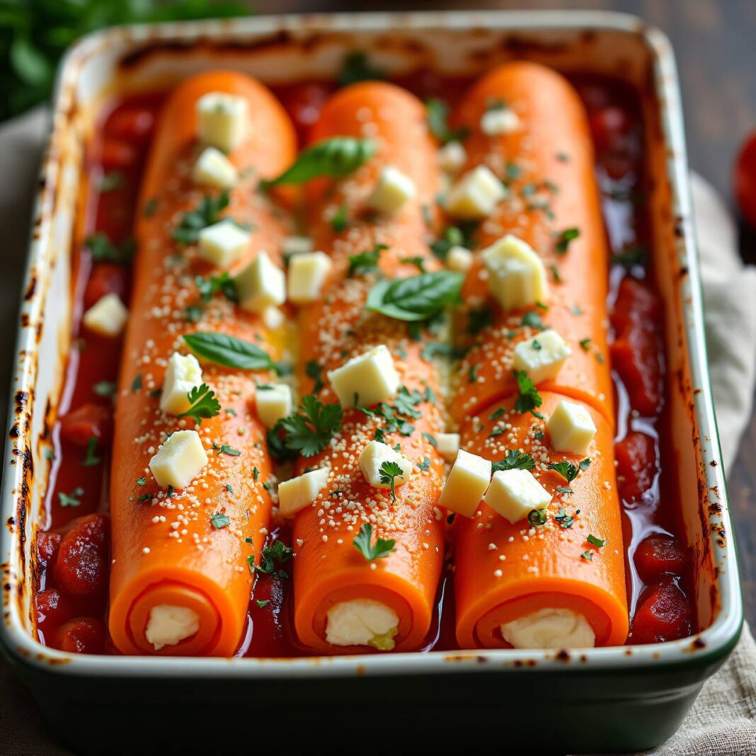 Gratinierte Karottenrollen mit Ricottafüllung (Low Carb) Rezept Gratinierte Karottenrollen mit Ricottafüllung (Low Carb) Rezept