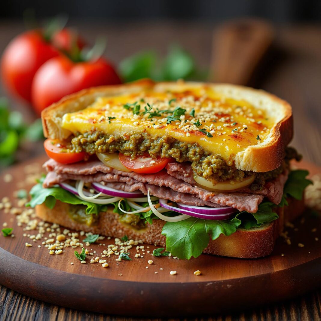Gratiniertes Roastbeef-Sandwich mit Pesto Rezept Gratiniertes Roastbeef-Sandwich mit Pesto Rezept