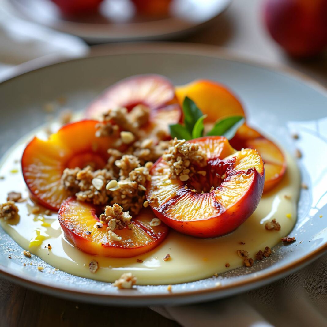 Grillierte Pfirsiche mit Holunderblüten-Sauce und Granola Rezept Grillierte Pfirsiche mit Holunderblüten-Sauce und Granola Rezept