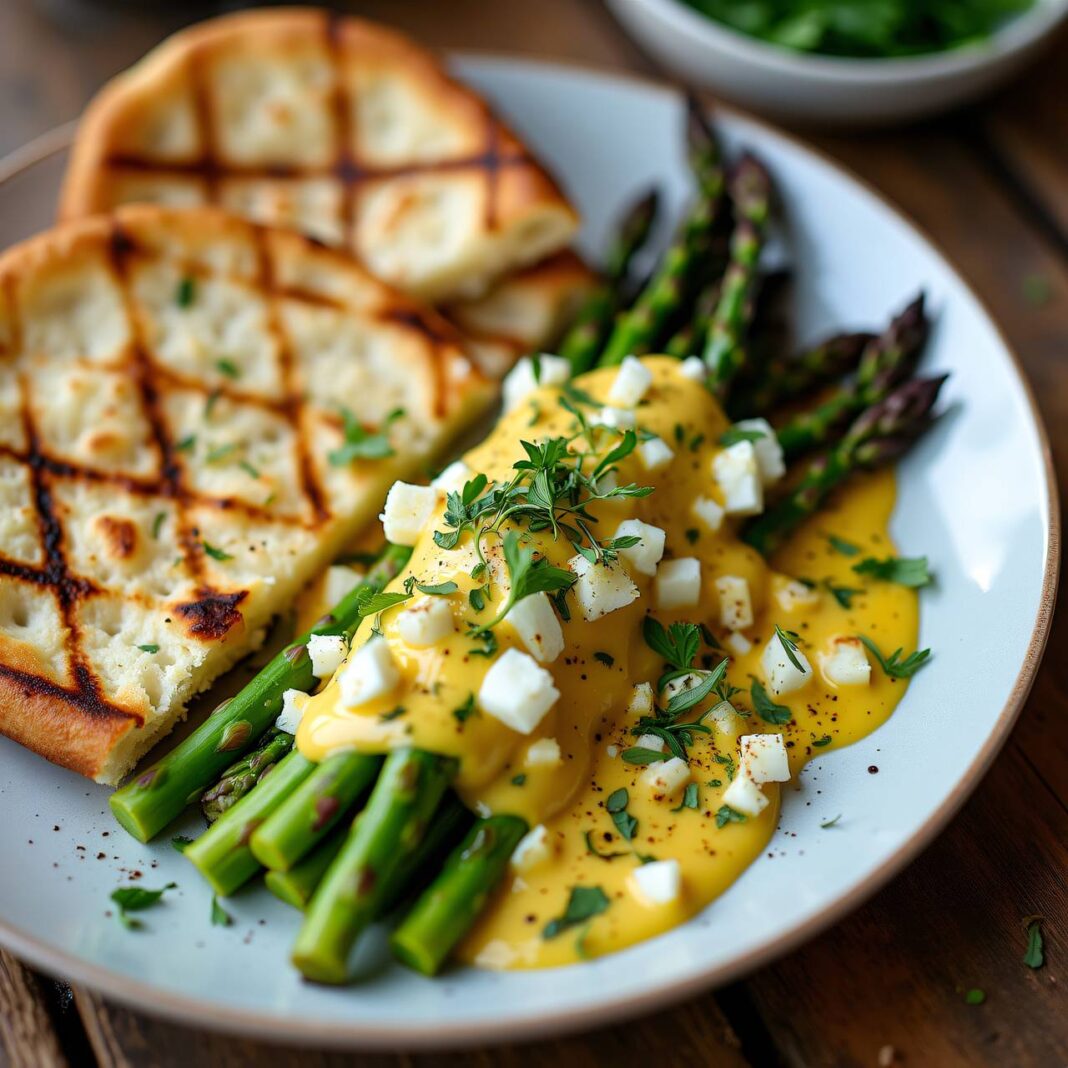 Grillierte Spargeln mit Eier-Vinaigrette und Fladenbrot Rezept Grillierte Spargeln mit Eier-Vinaigrette und Fladenbrot Rezept