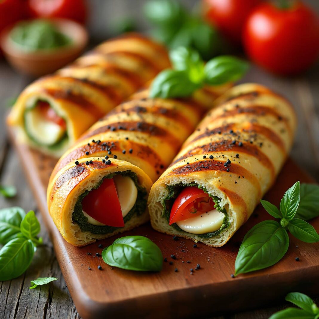 Grillierte Tomaten-Mozzarella-Baguettes mit Pesto Rezept Grillierte Tomaten-Mozzarella-Baguettes mit Pesto Rezept