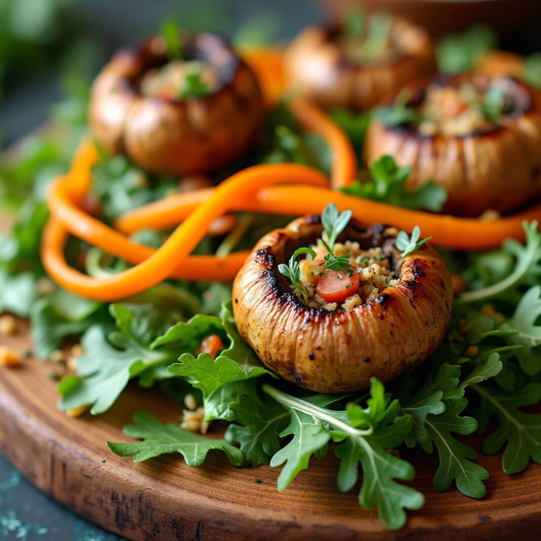 Grillierter Champignons-Salat auf Rucola und Wildkräutern Rezept Grillierter Champignons-Salat auf Rucola und Wildkräutern Rezept