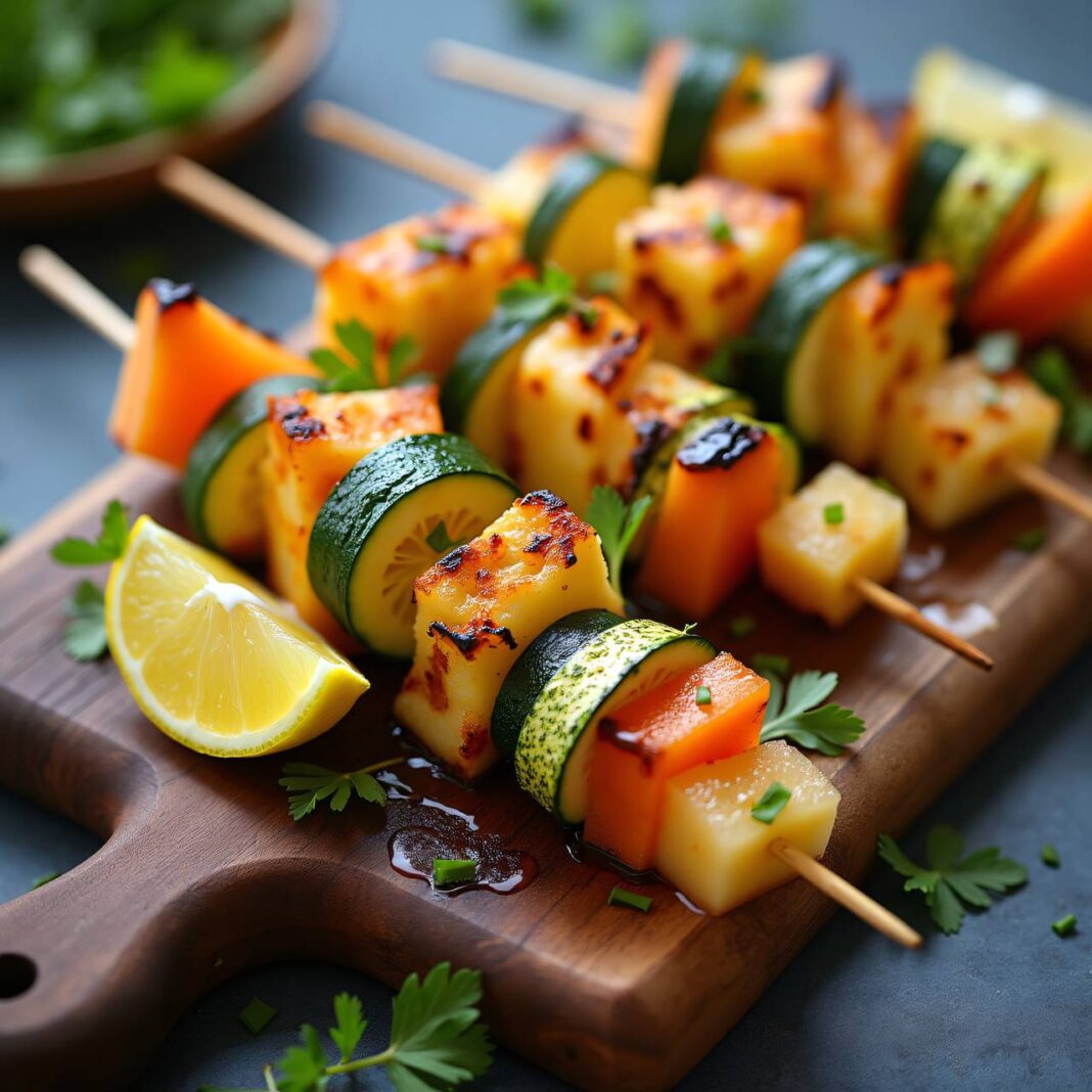 Grillkäse-Zucchini-Melonen-Spiesse vom Grill Rezept Grillkäse-Zucchini-Melonen-Spiesse vom Grill Rezept