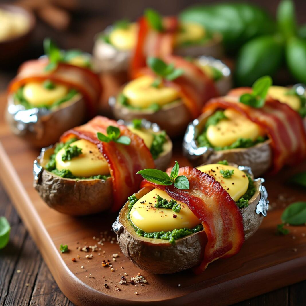 Grillkartoffeln mit Käse, Pesto und Speck Rezept Grillkartoffeln mit Käse, Pesto und Speck Rezept