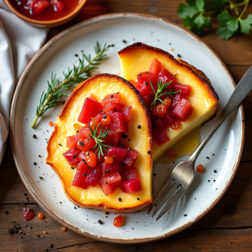 Grosse Käseschnitte mit Rhabarber-Karotten-Chutney Rezept Grosse Käseschnitte mit Rhabarber-Karotten-Chutney Rezept