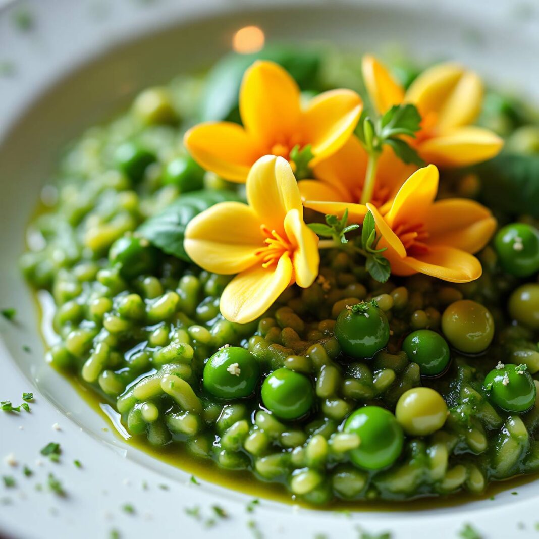 Grüner Risotto mit Blumen Rezept Grüner Risotto mit Blumen Rezept