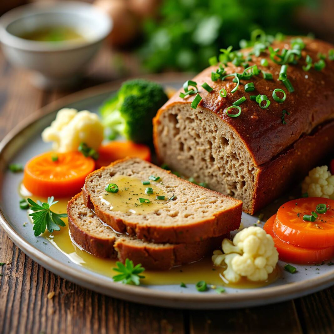 Grünkernbraten mit Weißwein-Kräutersauce und Gemüsegarnitur Rezept Grünkernbraten mit Weißwein-Kräutersauce und Gemüsegarnitur Rezept