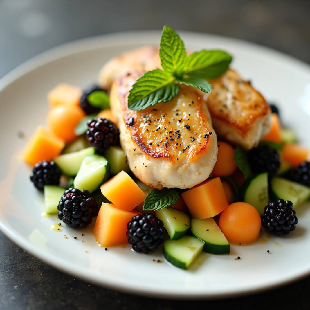 Gurke-Melone-Brombeer-Salat mit Hähnchenbrust Rezept Gurke-Melone-Brombeer-Salat mit Hähnchenbrust Rezept