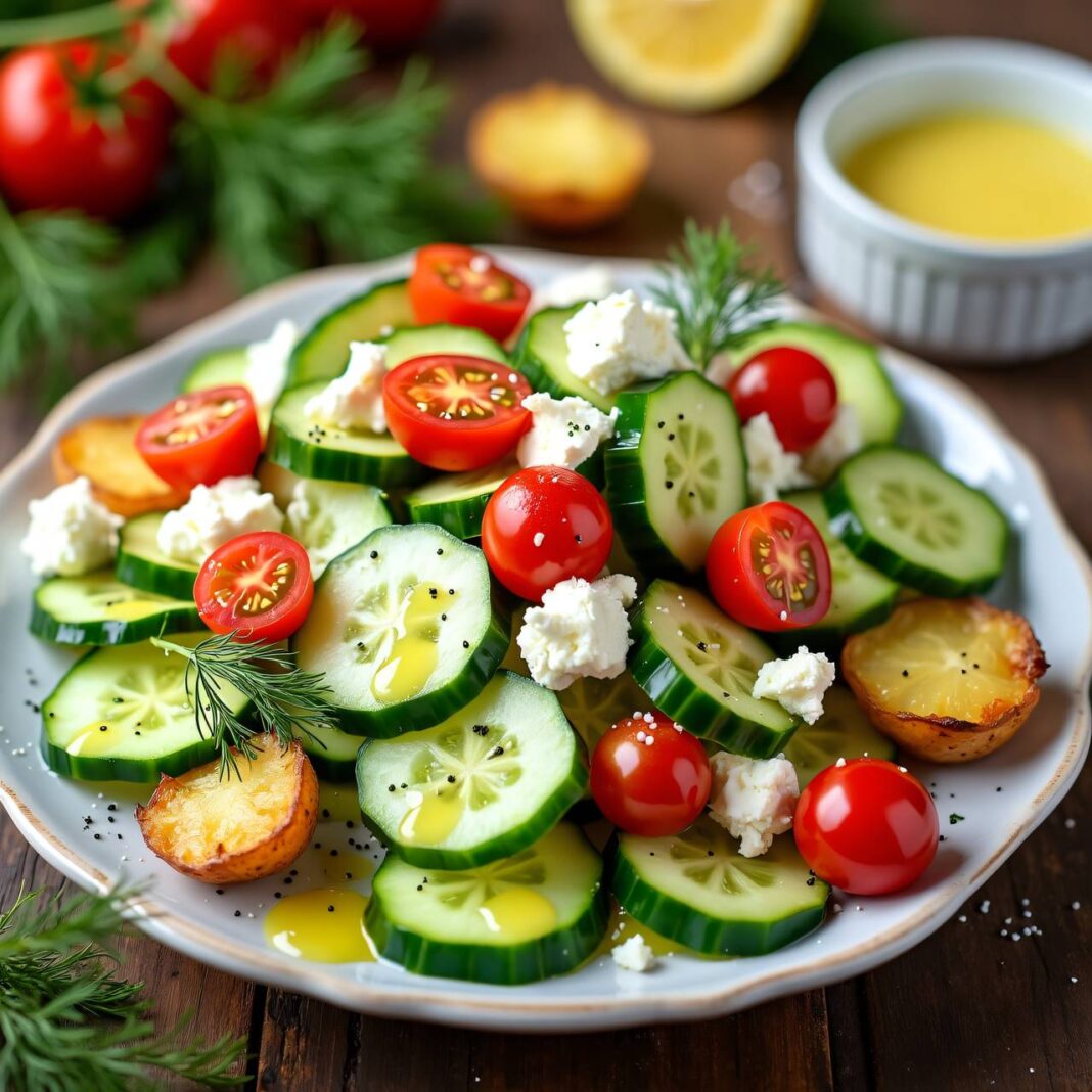 Gurken-Hüttenkäse-Salat mit Ofenkartoffeln Rezept Gurken-Hüttenkäse-Salat mit Ofenkartoffeln Rezept