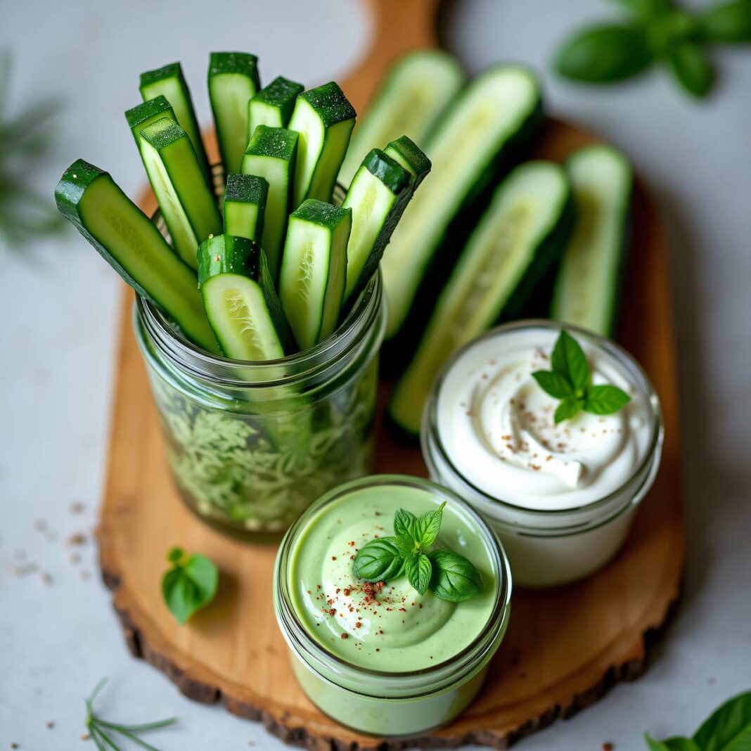 Gurken-Stängel mit zweierlei Dips (Low Carb) Rezept Gurken-Stängel mit zweierlei Dips (Low Carb) Rezept