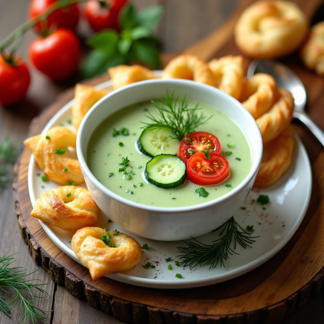 Gurkencrèmesuppe mit Cherrytomaten und Blätterteigstangen Rezept Gurkencrèmesuppe mit Cherrytomaten und Blätterteigstangen Rezept