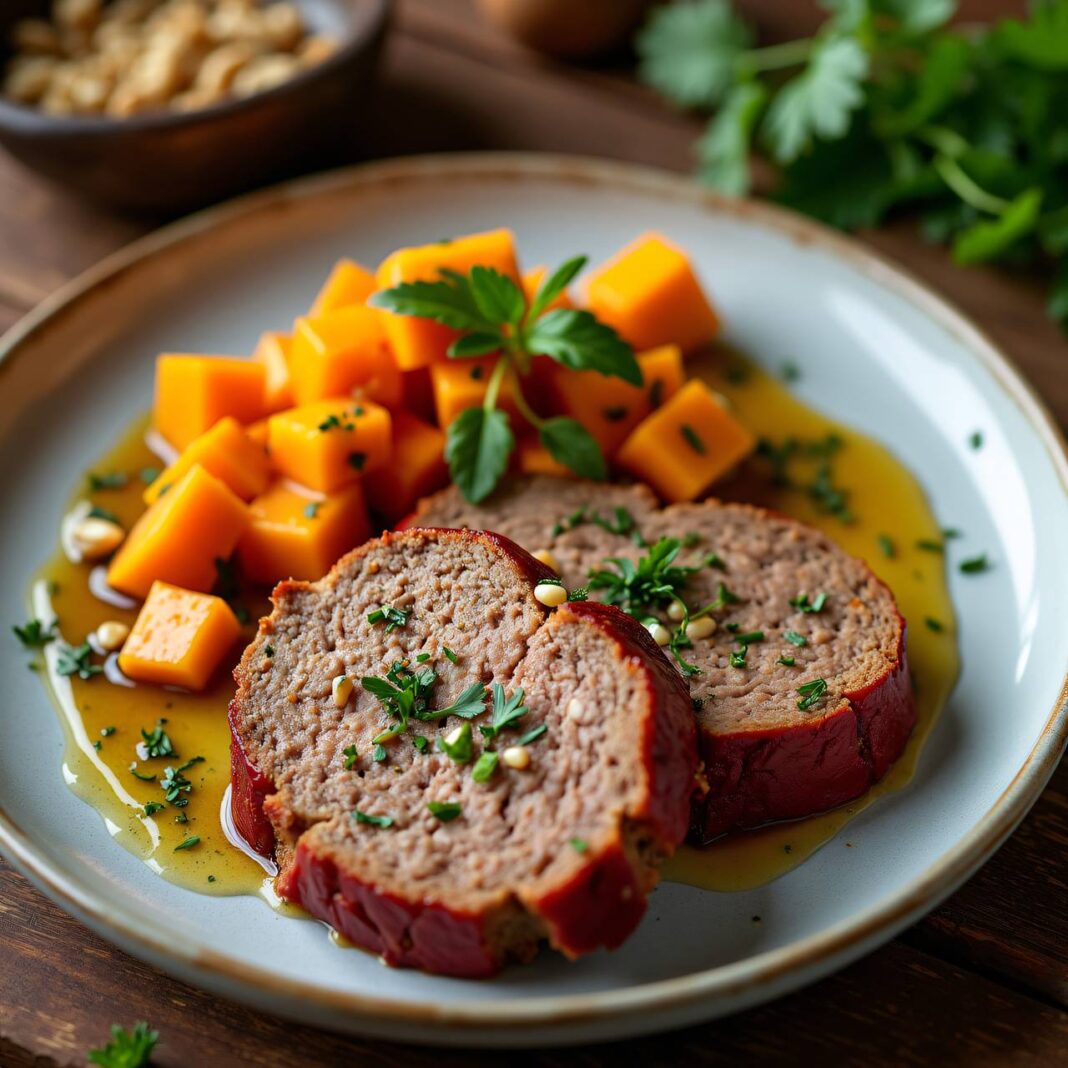 Hackbraten an Kürbis-Nuss-Vinaigrette Rezept Hackbraten an Kürbis-Nuss-Vinaigrette Rezept