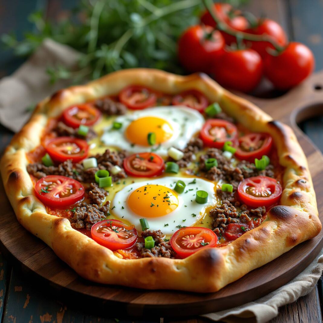 Hackfleisch-Flammkuchen mit Spiegelei Rezept Hackfleisch-Flammkuchen mit Spiegelei Rezept