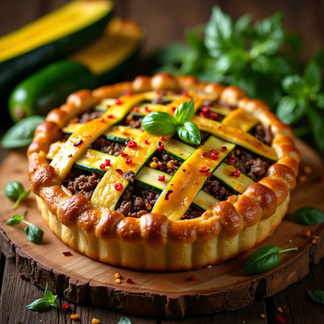 Hackfleischblechkuchen mit Zucchinigitter Rezept Hackfleischblechkuchen mit Zucchinigitter Rezept