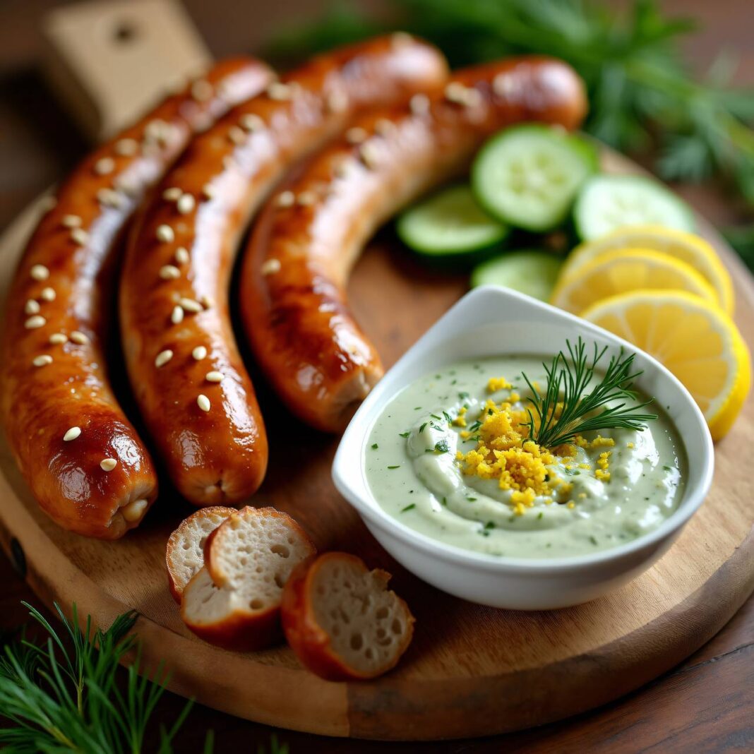 Hackwürstchen mit Gurken-Dill-Dip Rezept Hackwürstchen mit Gurken-Dill-Dip Rezept