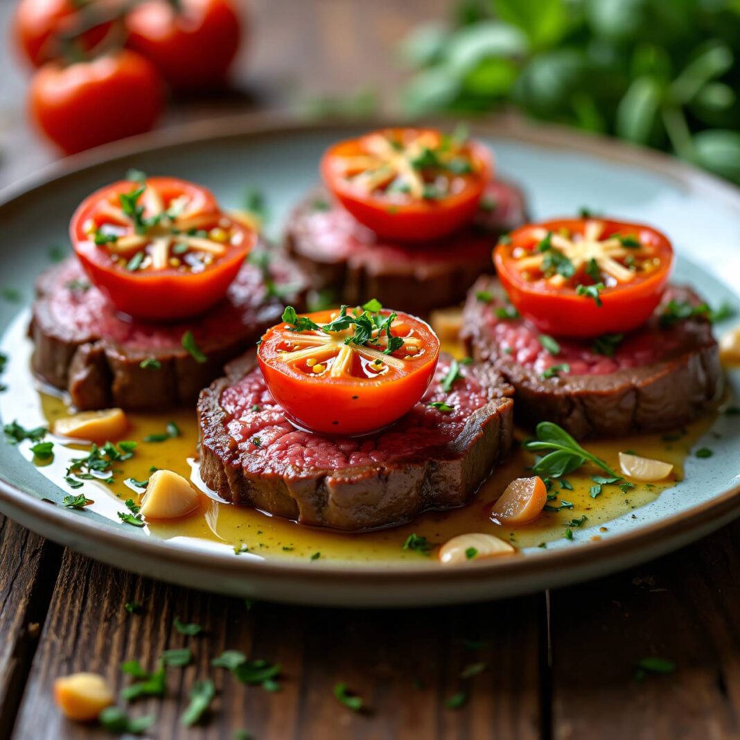 Halbkandierte Tomaten auf Kräuter-Rindsfilet Rezept Halbkandierte Tomaten auf Kräuter-Rindsfilet Rezept