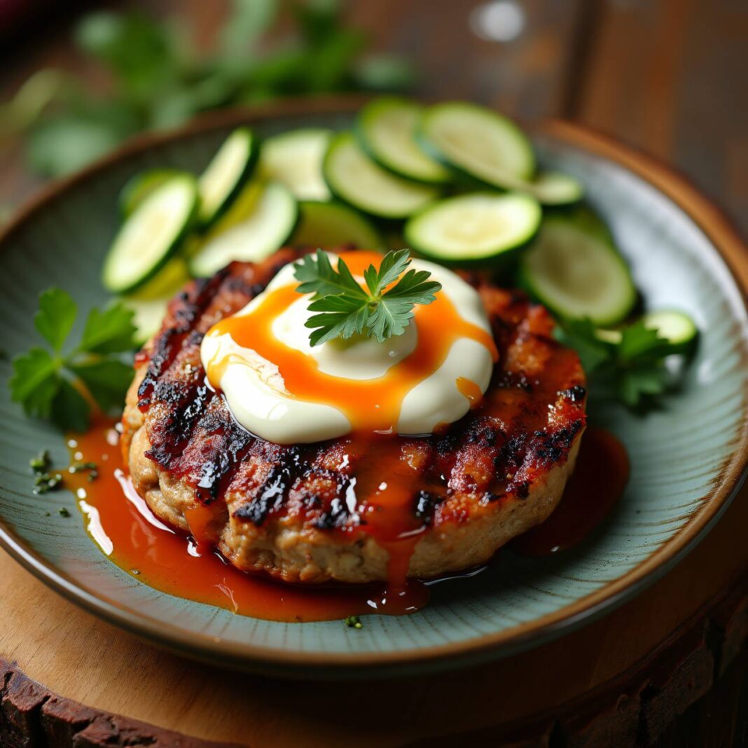 Hamburger auf Zucchini-Salat mit Curry-Dressing Rezept Hamburger auf Zucchini-Salat mit Curry-Dressing Rezept