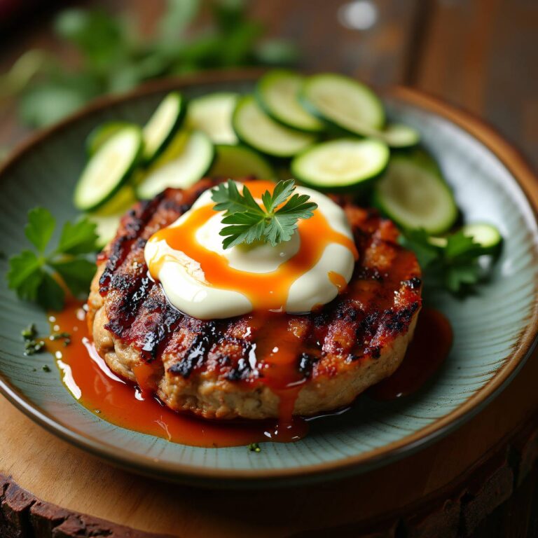 Hamburger auf Zucchini-Salat mit Curry-Dressing Rezept
