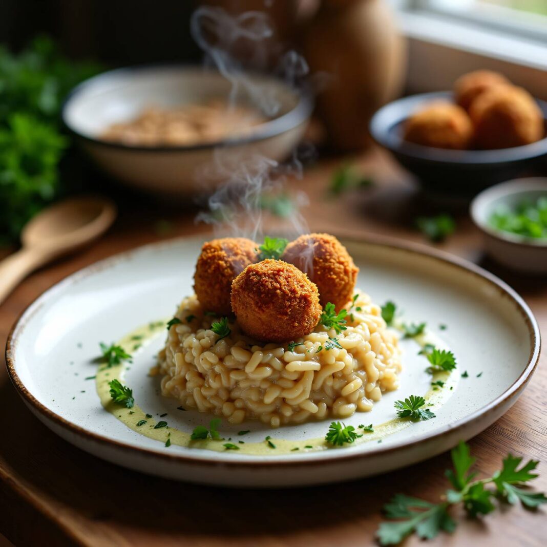 Haselnuss-Risotto mit Pfeffer-Bällchen Rezept Haselnuss-Risotto mit Pfeffer-Bällchen Rezept