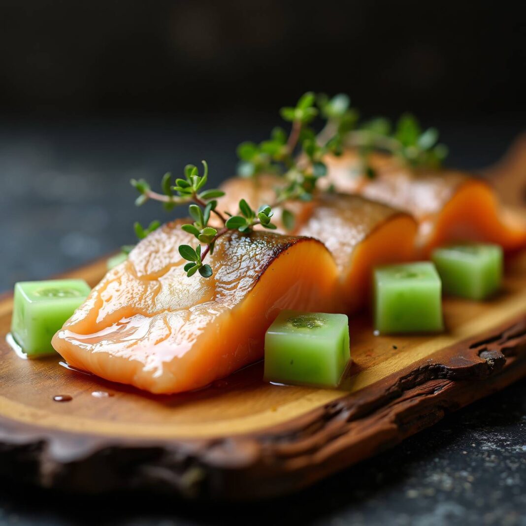 Hausmarinierter Fisch mit Gurkengelee Rezept Hausmarinierter Fisch mit Gurkengelee Rezept