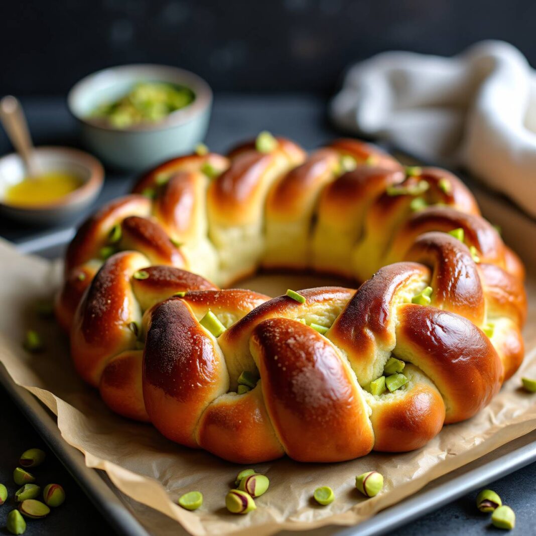 Hefekranz mit Marzipan und Pistazien Rezept Hefekranz mit Marzipan und Pistazien Rezept