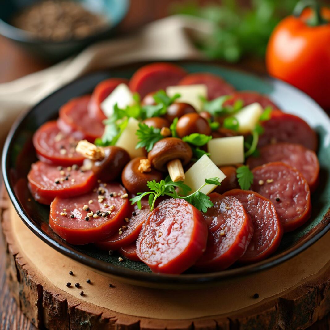 Hirschwurst-Pilz-Antipasti Rezept Hirschwurst-Pilz-Antipasti Rezept