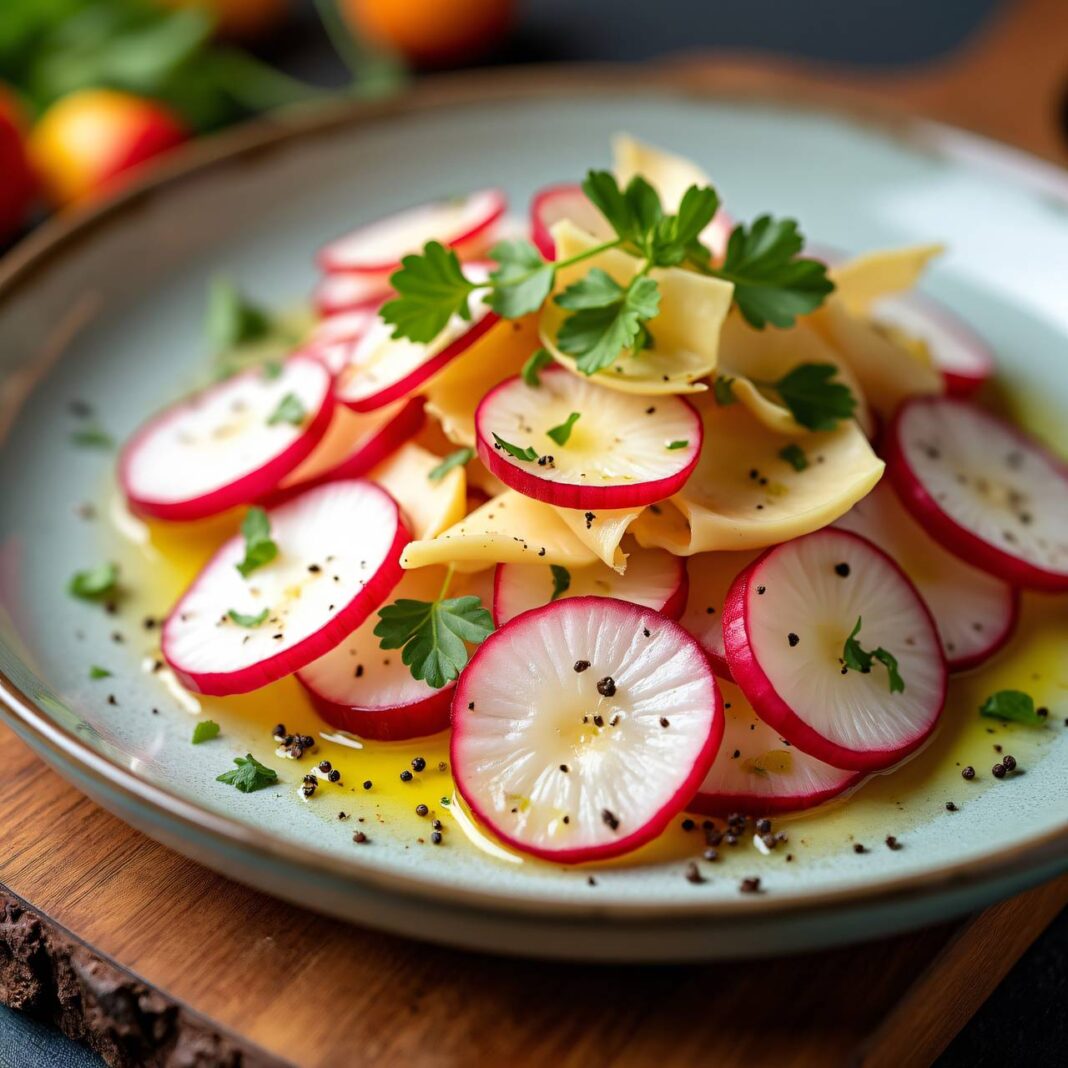 Hobelkäse und Radieschen an Kresse-Vinaigrette Rezept Hobelkäse und Radieschen an Kresse-Vinaigrette Rezept