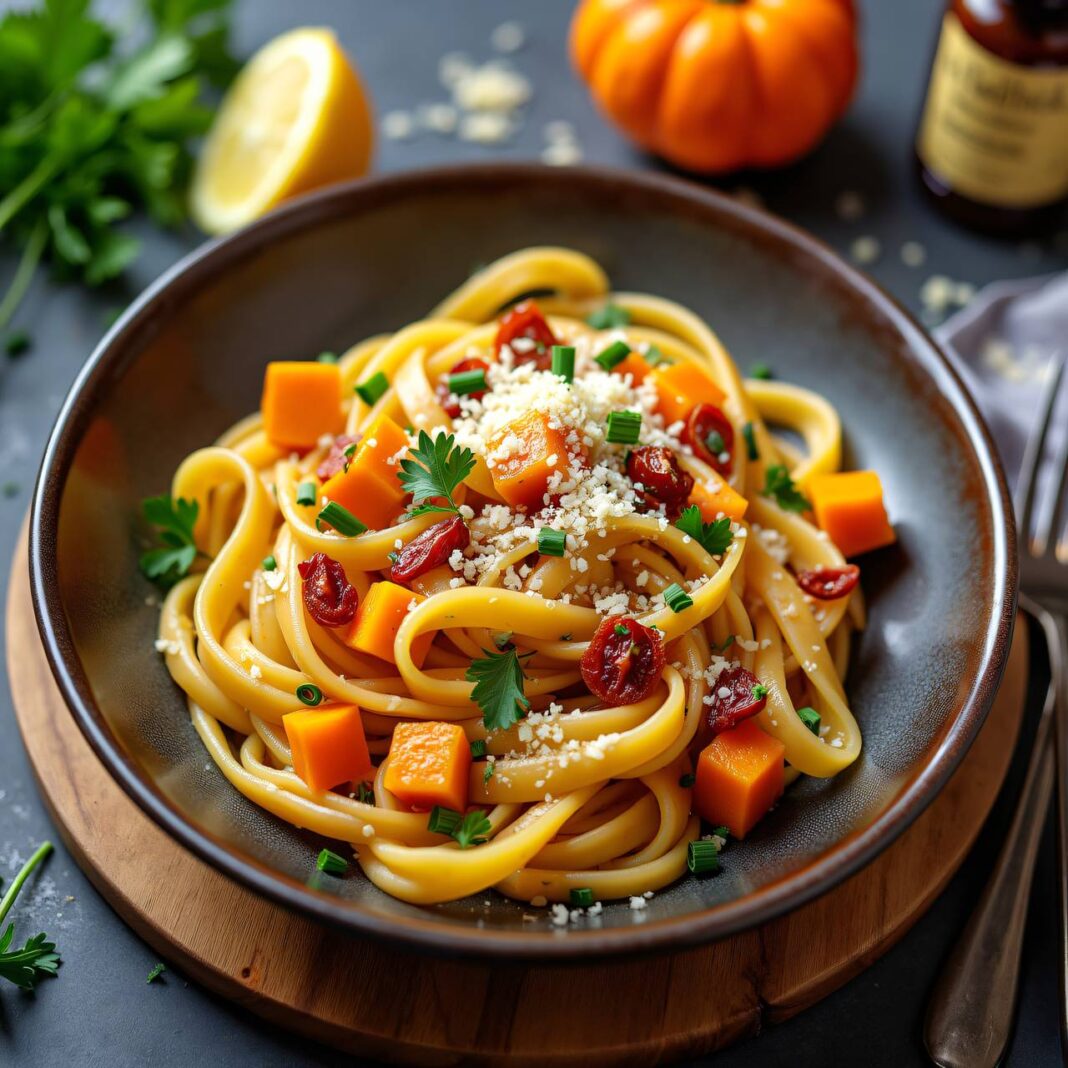 Hörnchen-Nudeln mit Kürbis-Dörrtomaten-Gremolata Rezept Hörnchen-Nudeln mit Kürbis-Dörrtomaten-Gremolata Rezept
